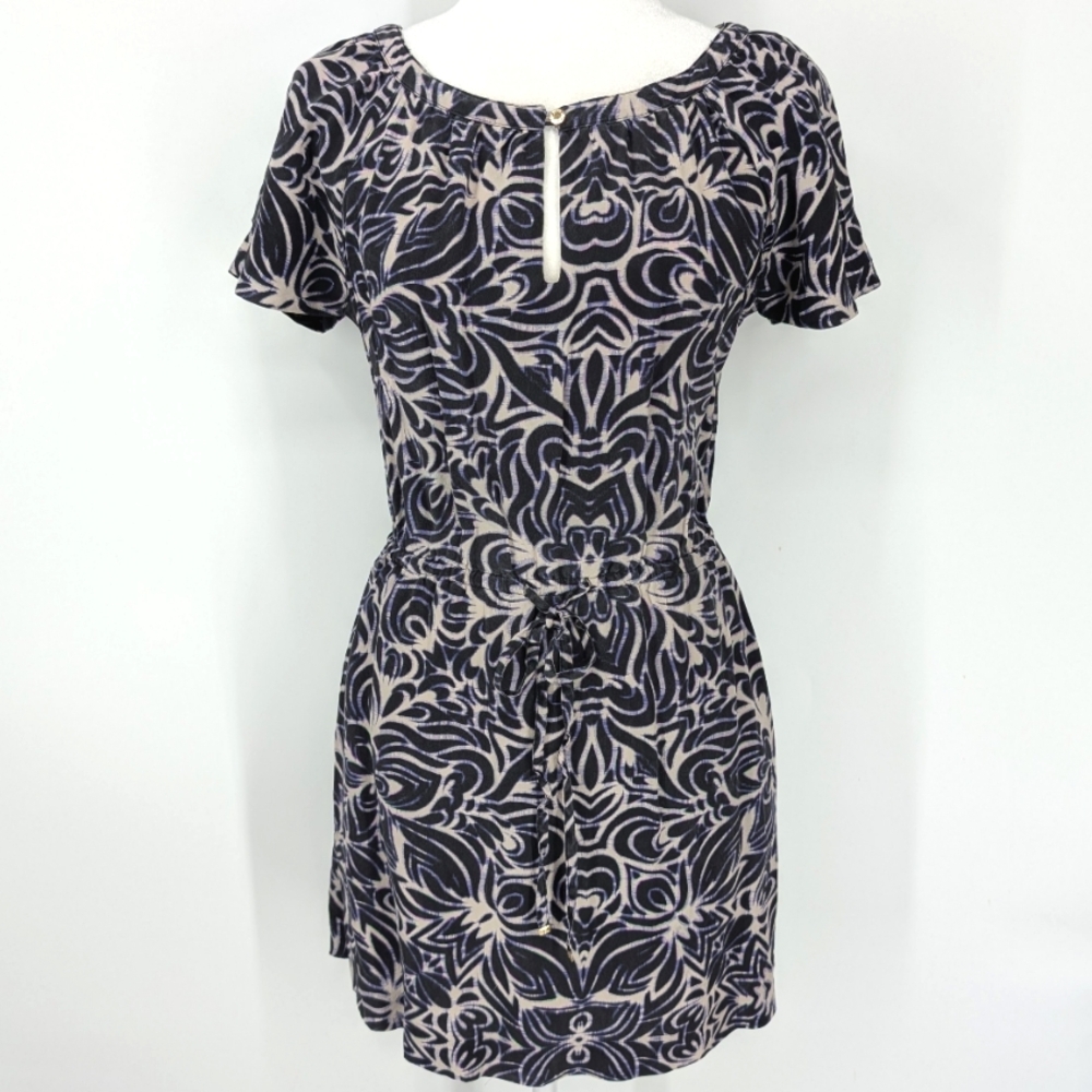Juicy Couture 100% Silk Blue Black Cream Floral Short Sleeve Mini Dress 2